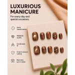 Maillard Brown Short Square‑Oval Press‑On Nails, 3D Flower & Metal Decor Retro Autumn Winter False Nails